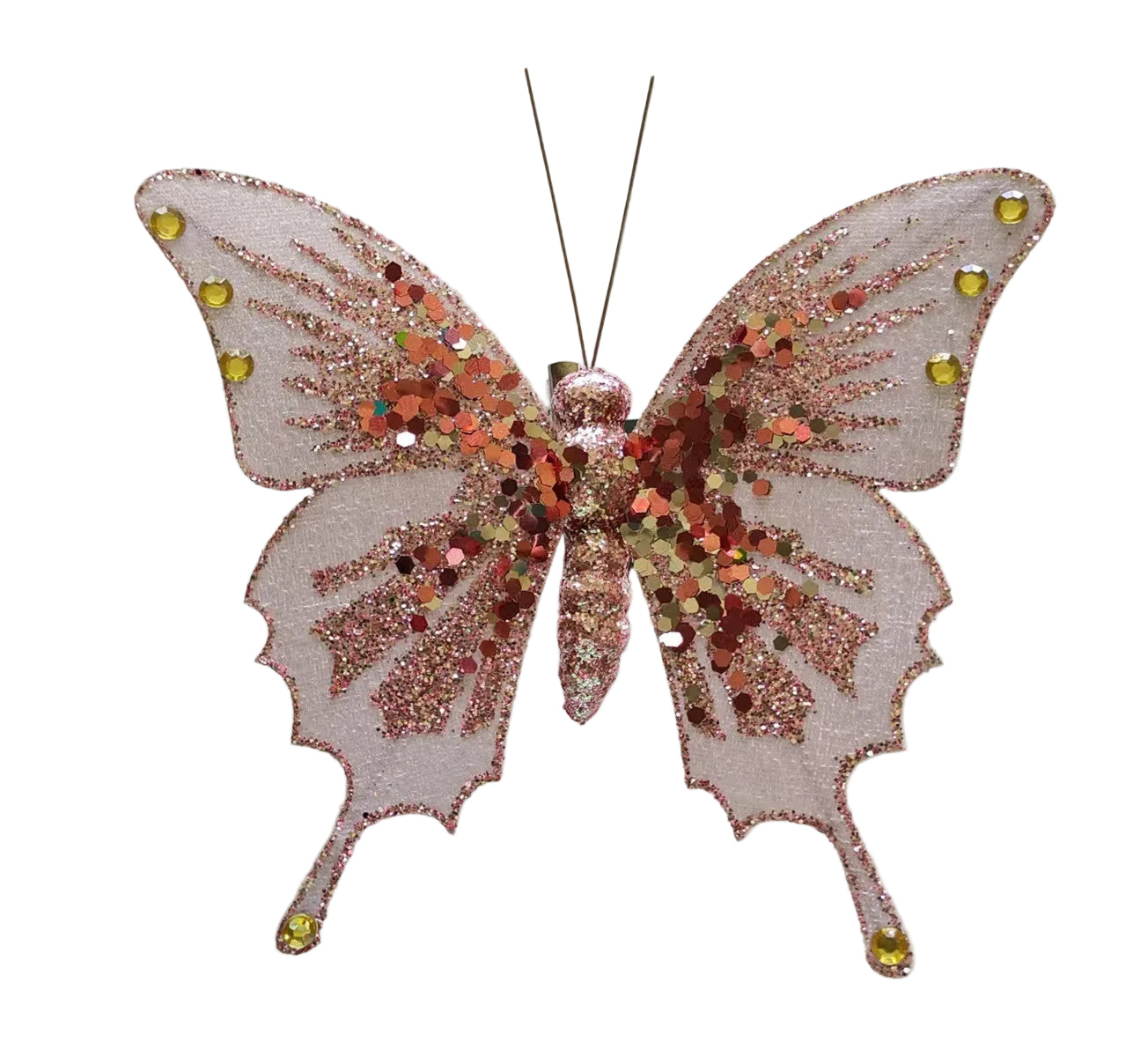 A pink butterfly-shaped decoration on a metal clip with sequins and small gold beads.