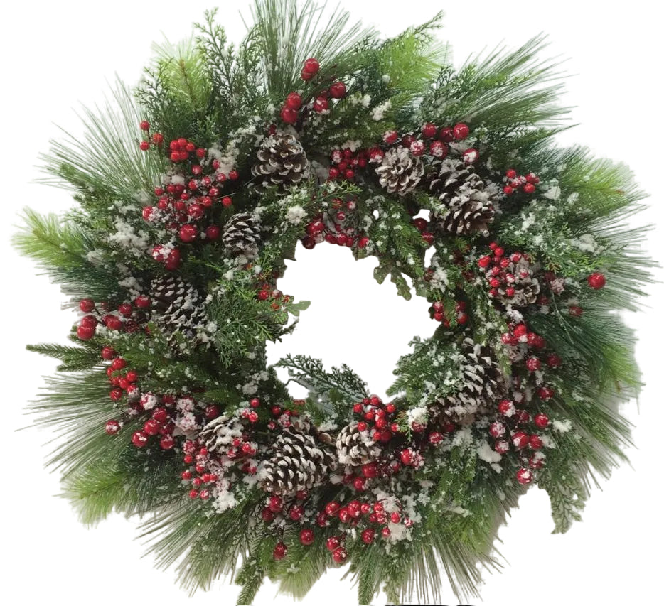 A round wreath with a combination of green pine branches and red and white berries, with a frost-themed decoration on the branches.