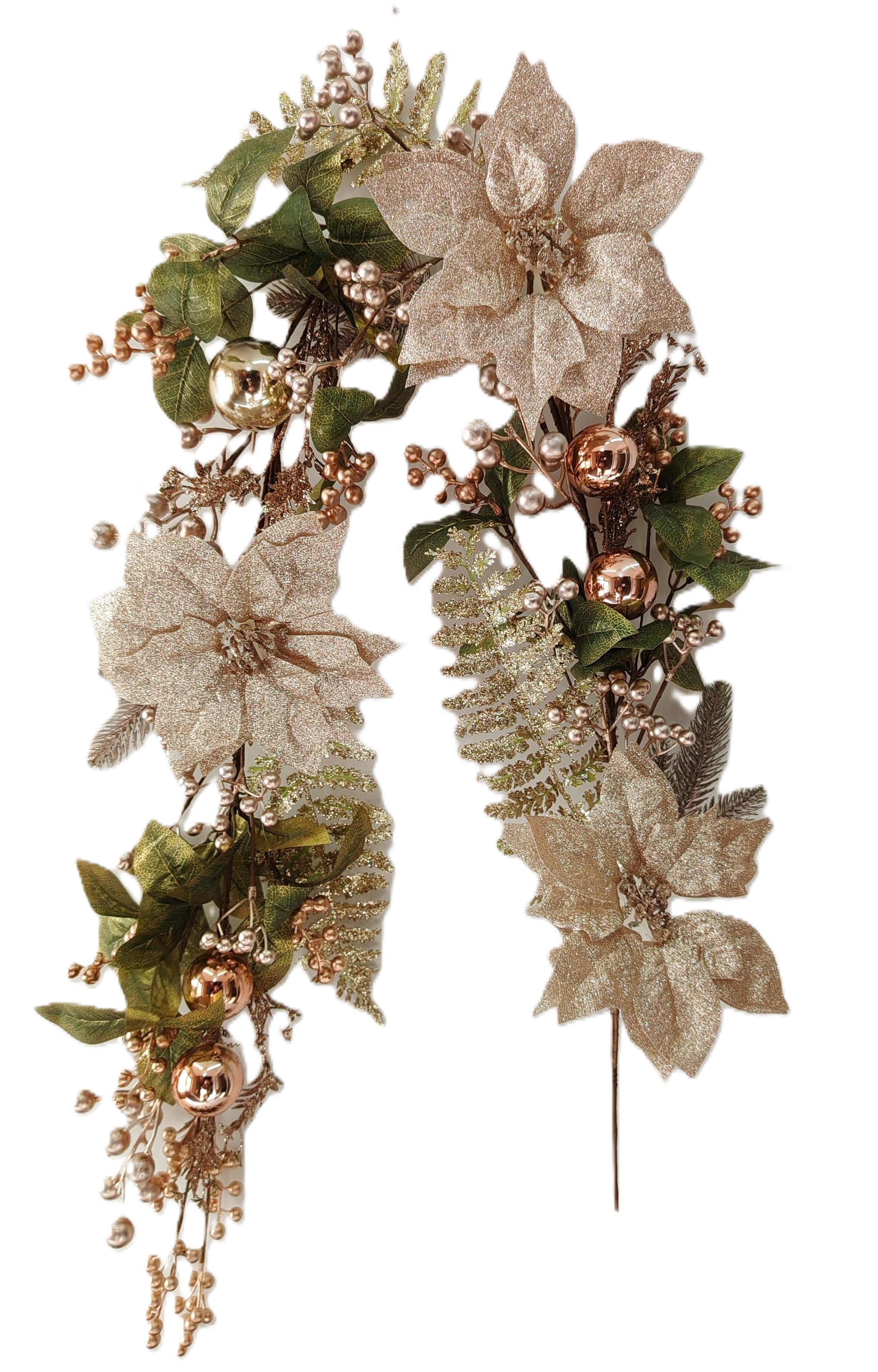An artificial Christmas garland featuring glittery gold poinsettia-like flowers, green leaves, faux gold berries, and metallic gold ornaments