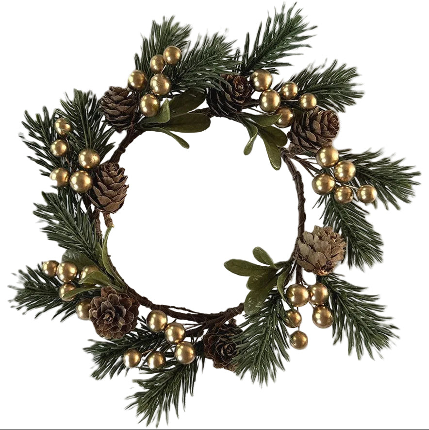 A circular holiday wreath with green pine branches, brown pinecones, and shiny gold bead accents, photographed.