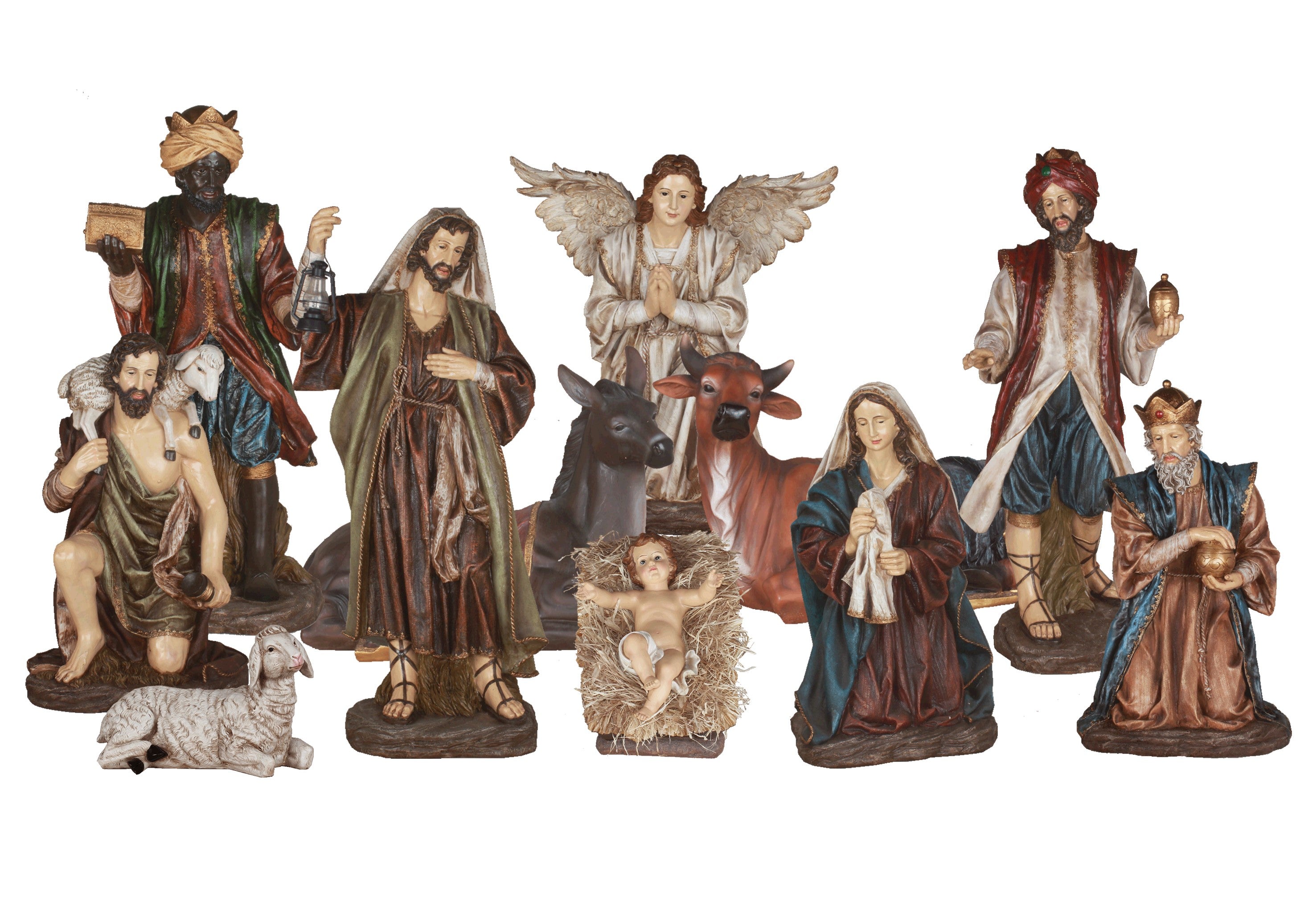 A set of hand-painted resin nativity figurines arranged together on a plain white background. The collection includes the Three Wise Men,  a shepherd, Mary, Joseph, baby Jesus in a manger, an angel, and various animals such as a donkey, cow, sheep