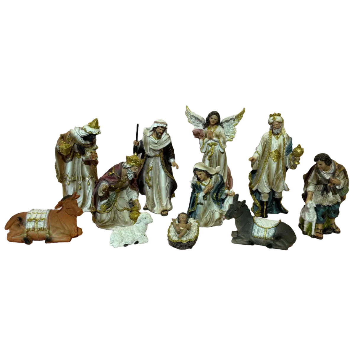 A eleven-piece ceramic Christmas nativity set.  The set includes figurines of the three wise men, an angel, Mary, Joseph, baby Jesus, a shepherd, a donkey, a cow, and a small white sheep.