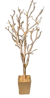 A 90cm tall artificial champagne gold twig tree in a square base pot.