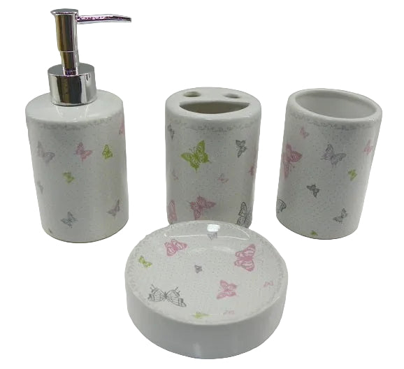 A bathroom accessory set including a soap dispenser, toothbrush holder, tumbler, and a round soap dish, all with a white background and decorated with multicolored butterfly patterns.