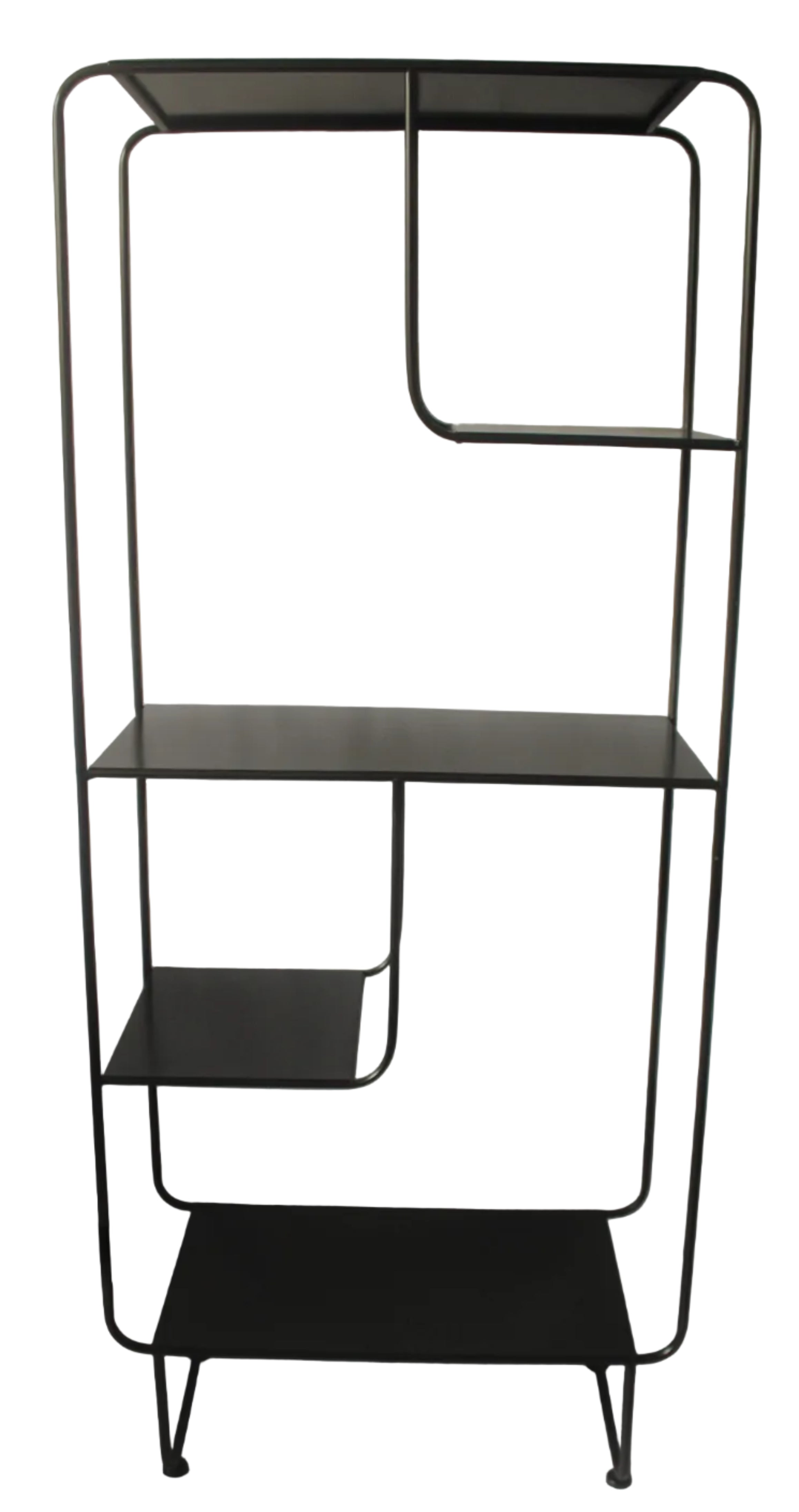 A free-standing metal shelf with multiple tiers, painted in black color.