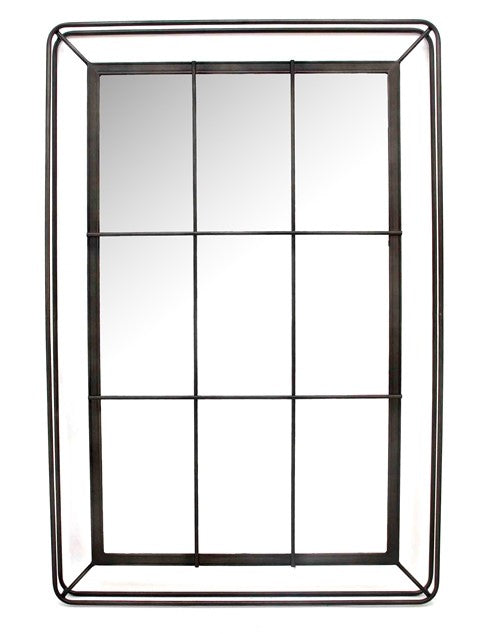 A rectangular mirror with a metallic frame, possibly made of aluminum or steel, with a visible grid pattern.
