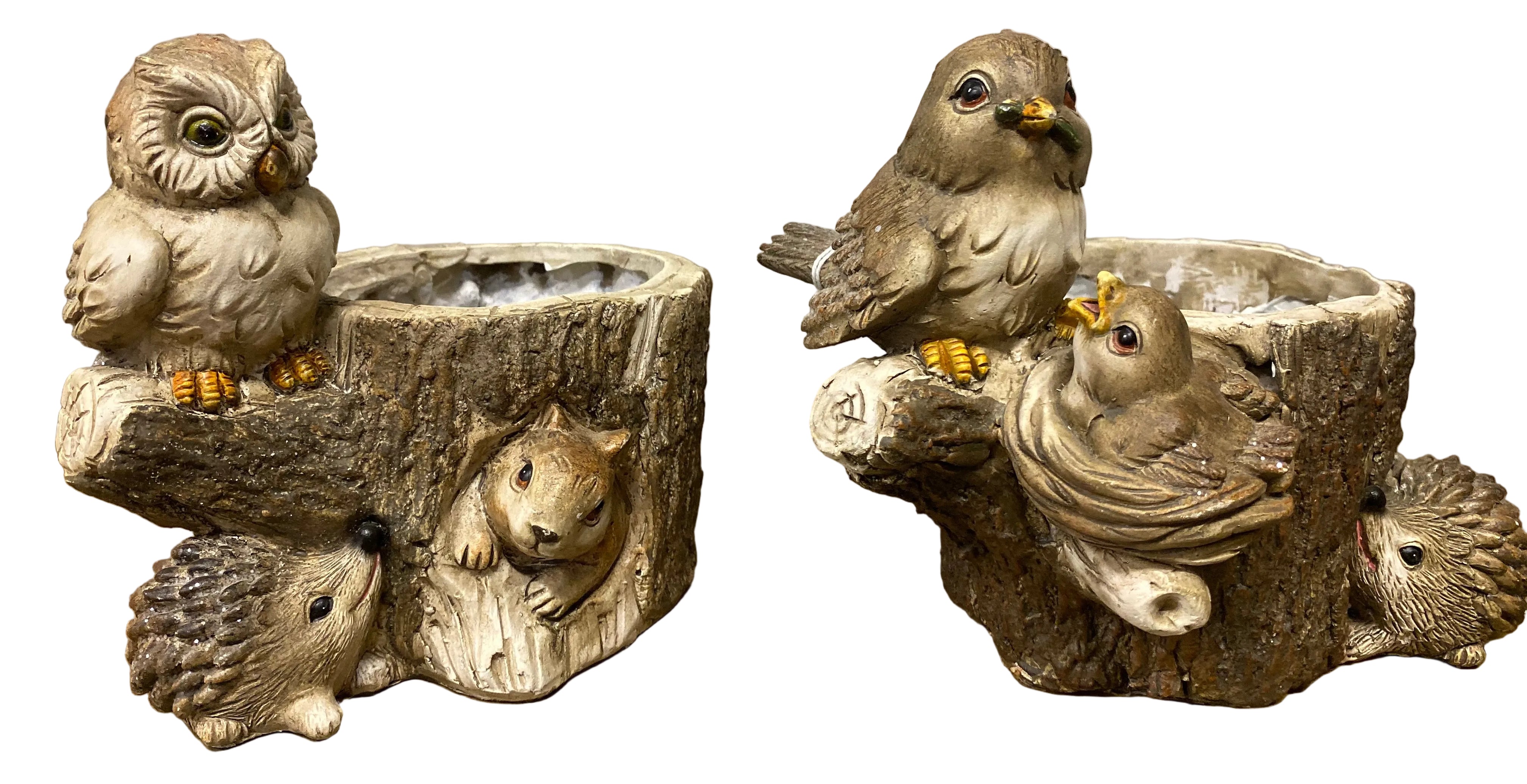 Two decorative ceramic pots with animal figures including birds and an owl.