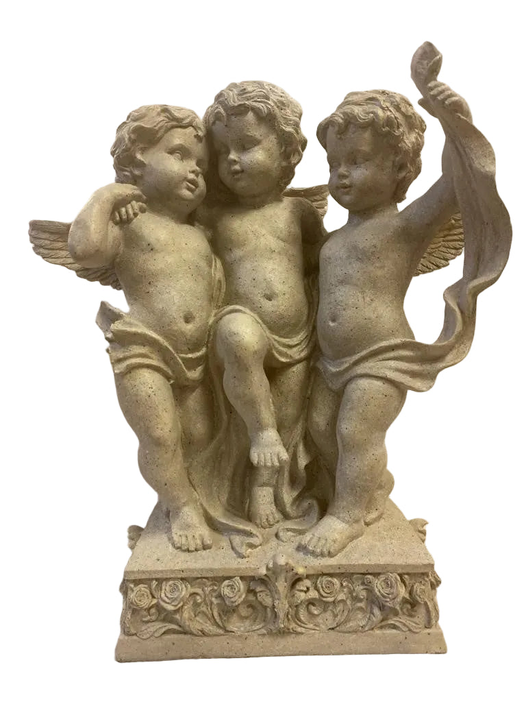 Statue of three cherubs on a decorative base against a white background