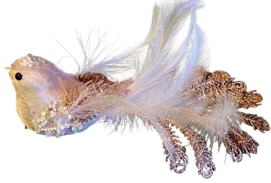 A decorative pink bird with white and gold feathers and pearl embellishments.
